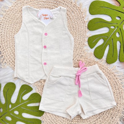 Conj. Colete e Short em Linho - Areia e Rosa